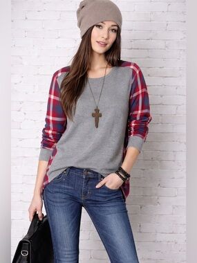 Red and Gray Flannel Back Long Sleeve Top.